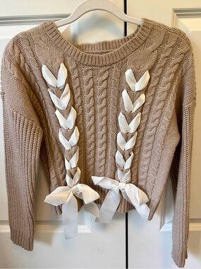 Francesca's Collections Beige Cable-Knit Sweater with White Ribbon Braids